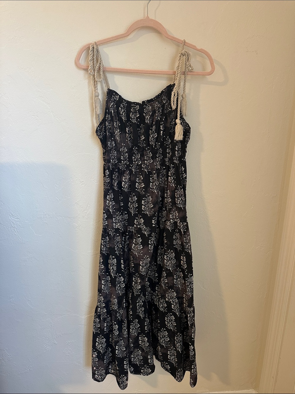 Moon River Black Floral Maxi Dress with Cream Rope Straps